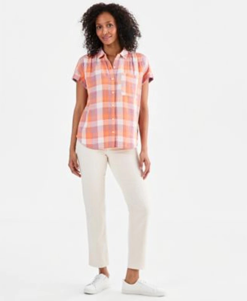 Style Co Womens Plaid Cotton Gauze Button Up Shirt Macys Exclusive