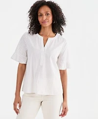 Style Co Womens Striped Cotton Split Neck Popover Top Macys Exclusive