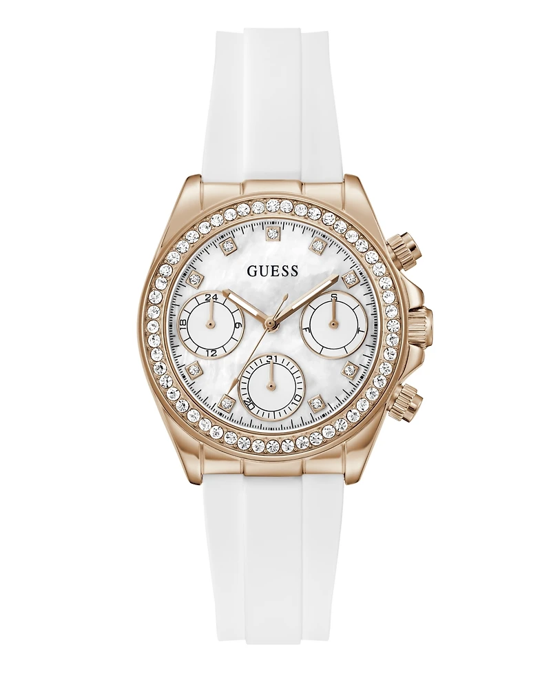 Guess Women's Rose Gold-Tone White Silicone Multi-Function Watch, 36mm