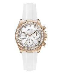 Guess Women's Rose Gold-Tone White Silicone Multi-Function Watch, 36mm
