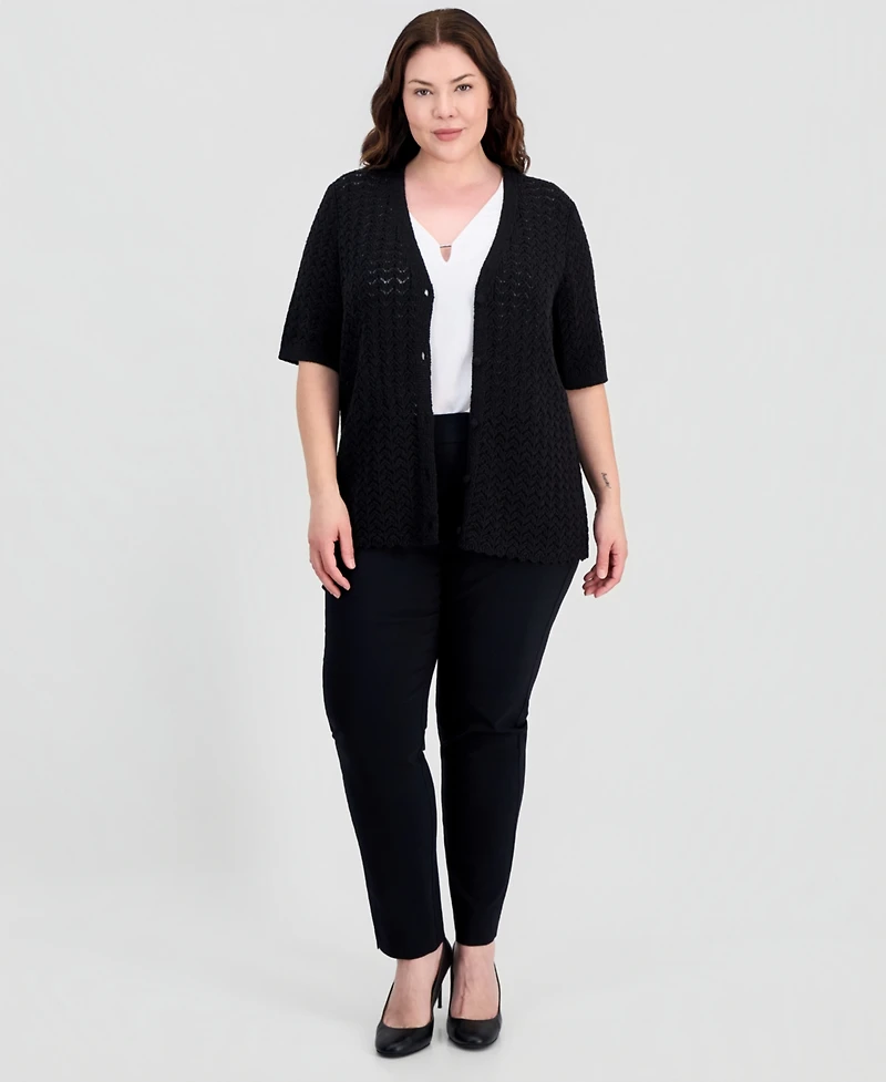 Kasper Plus Short-Sleeve Scalloped-Hem Cardigan
