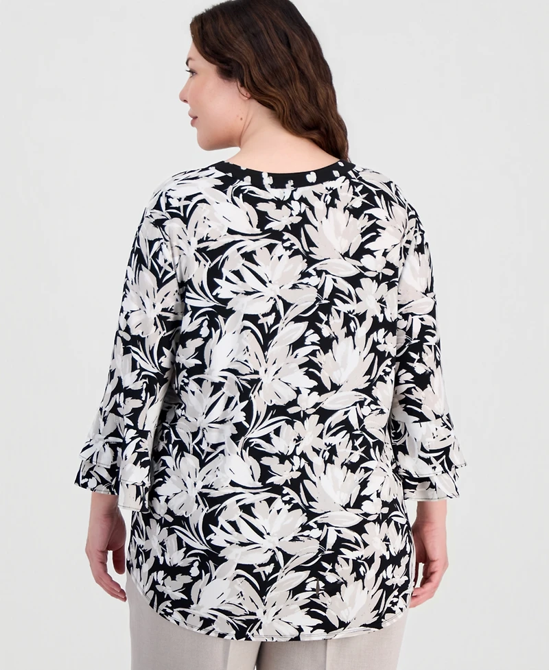 Kasper Plus Split-Neck Ruffled-Cuff Top