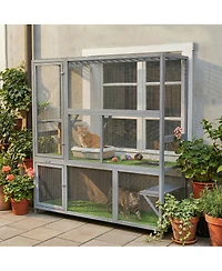 PawHut Catio Outdoor Cat Enclosure, 77" H Wooden Cat House with Weatherproof Roof