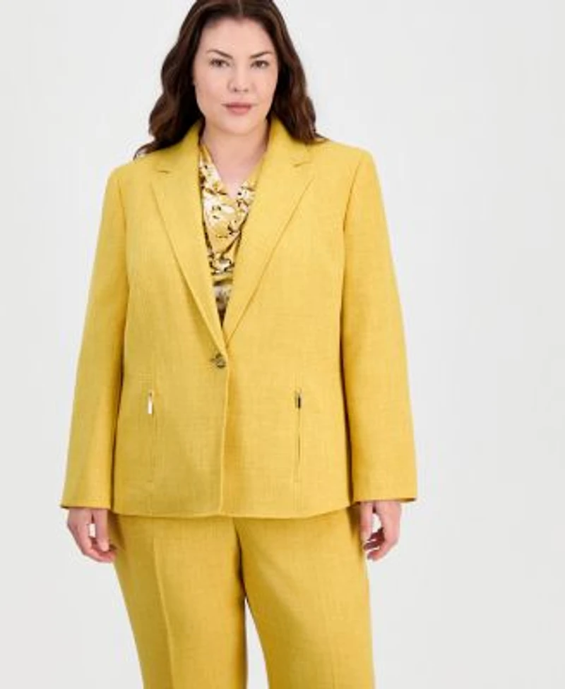 Kasper Plus Size Single Button Blazer Cap Sleeve Top Pants