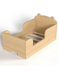 Rainsken Low-Profile Twin Size Kids Floor Bed Frame, Wooden Platform Bed with Safety Rails and Bear Shape Headboard for Boys and Girls Ages 3-6