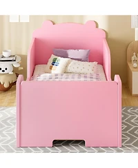 Rainsken Twin Size Wooden Kids Floor Bed Frame, Platform Bed with Bear Headboard and Safety Rails for Boys Girls Ages 3-6