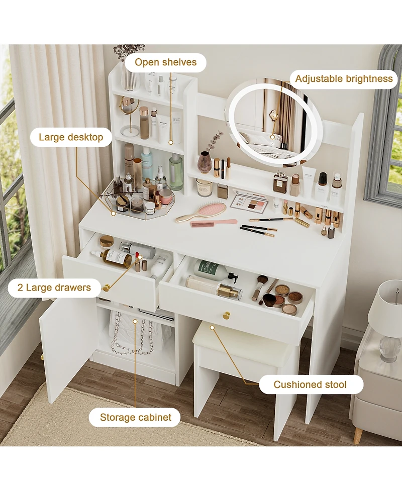 Rainsken Vanity Desk with Mirror and Lights for Makeup, Dressing Table Set with Cushioned Chair, 2 Drawer and 1 Storage Cabinet for Bedroom