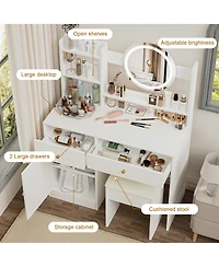 Rainsken Vanity Desk with Mirror and Lights for Makeup, Dressing Table Set with Cushioned Chair, 2 Drawer and 1 Storage Cabinet for Bedroom