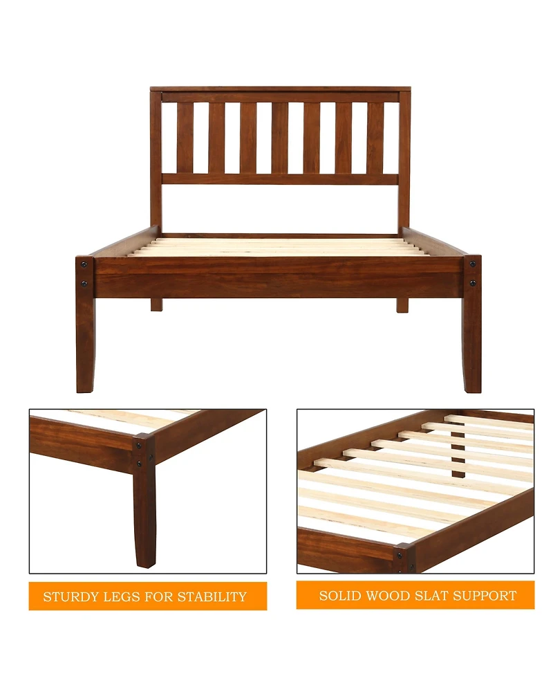 flynama Walnut Wood Platform Bed with Headboard 100 Pine Wood Construction and 6 Support Legs
