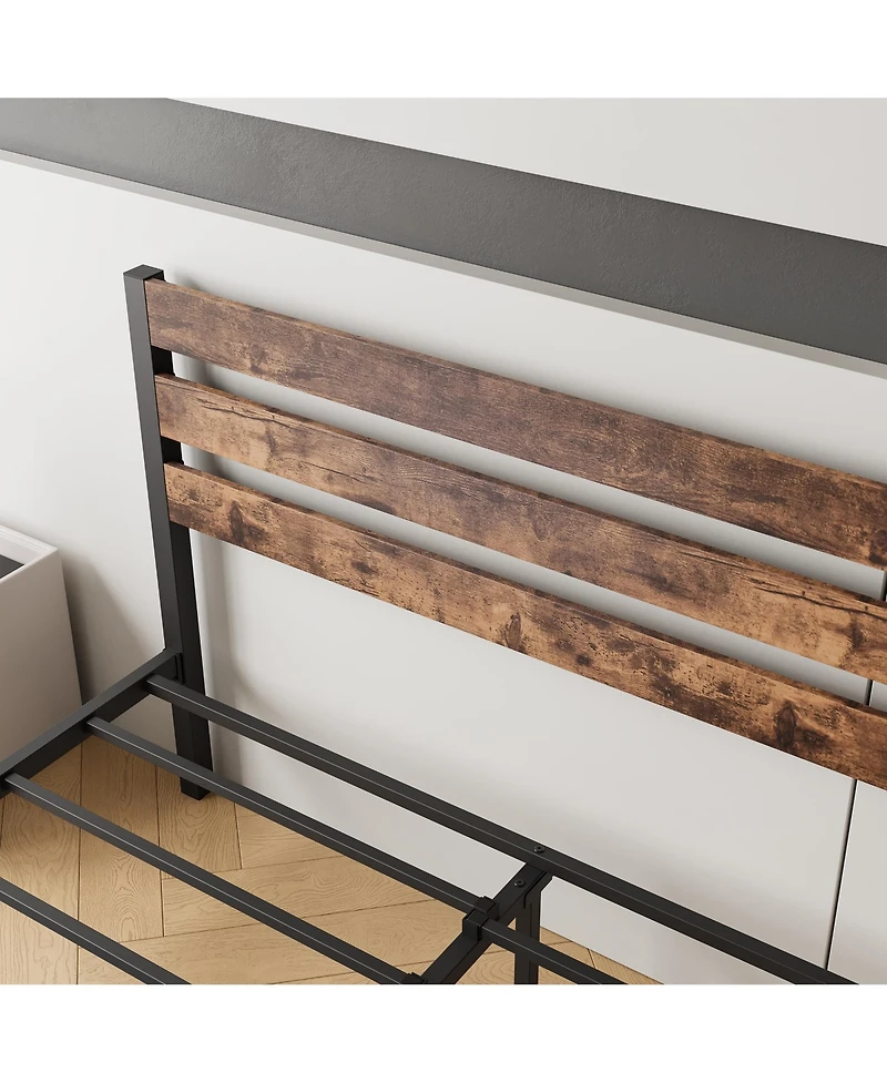 flynama Platform Bed Rustic Wood Headboard Metal Slats Storage