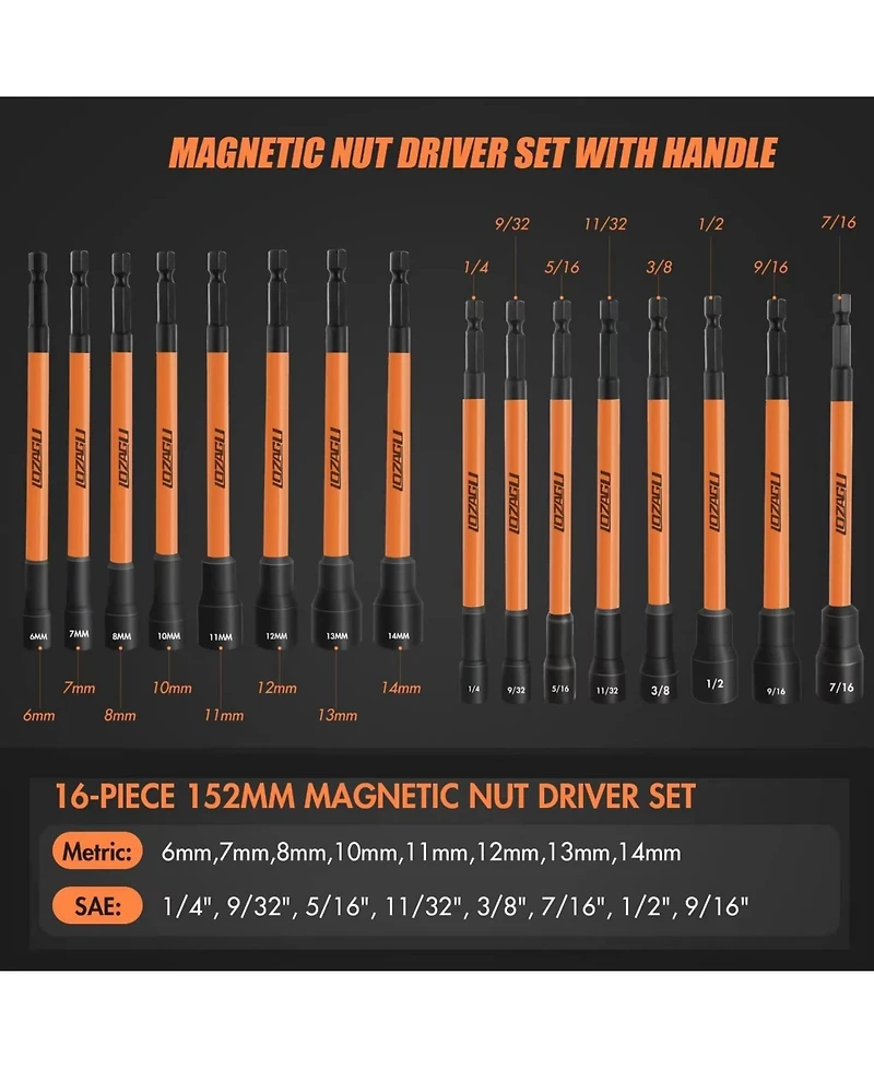 Xdovet 16Pcs Long Magnetic Nut Driver Set for Impact Drill, 6 Inch Long Nut Driver Set, Sae and Metric, 1/4 Inch Hex Shank, Cr-v Steel