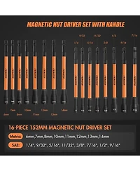 Xdovet 16Pcs Long Magnetic Nut Driver Set for Impact Drill, 6 Inch Long Nut Driver Set, Sae and Metric, 1/4 Inch Hex Shank, Cr-v Steel