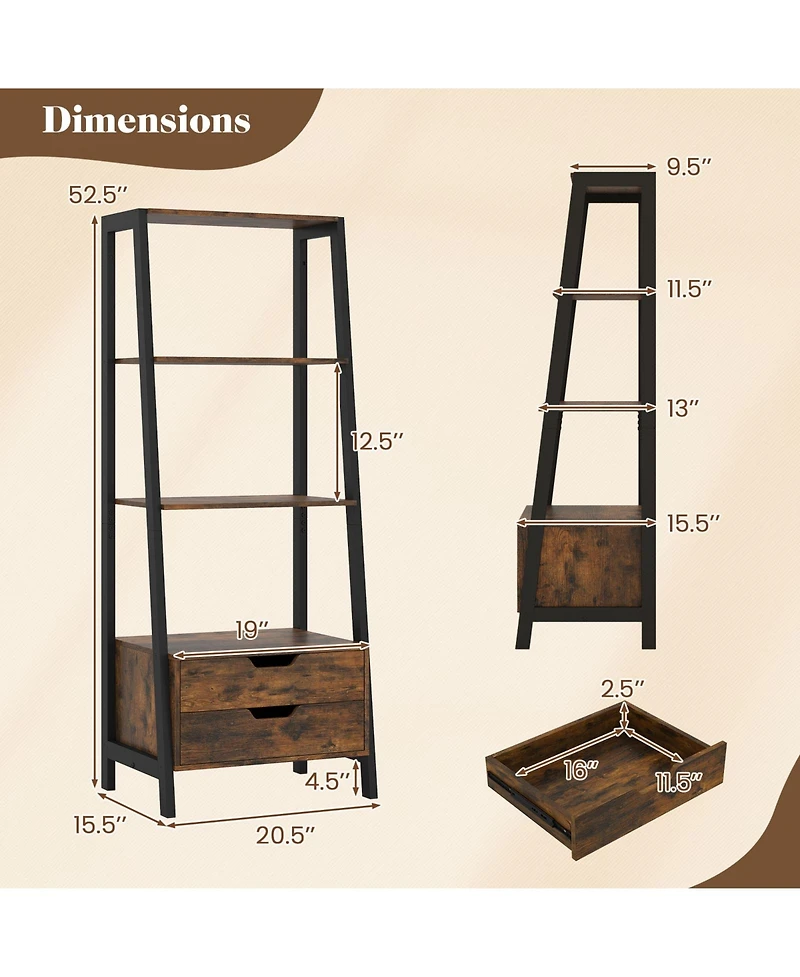 Slickblue Tall 4 Tier Ladder Shelf Bookcase with 2 Drawers Storage Organizer