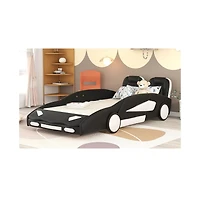 flynama Twin Size Race Car Shaped Platform Bed with Side Rails Support Wheels and Two Seat Design