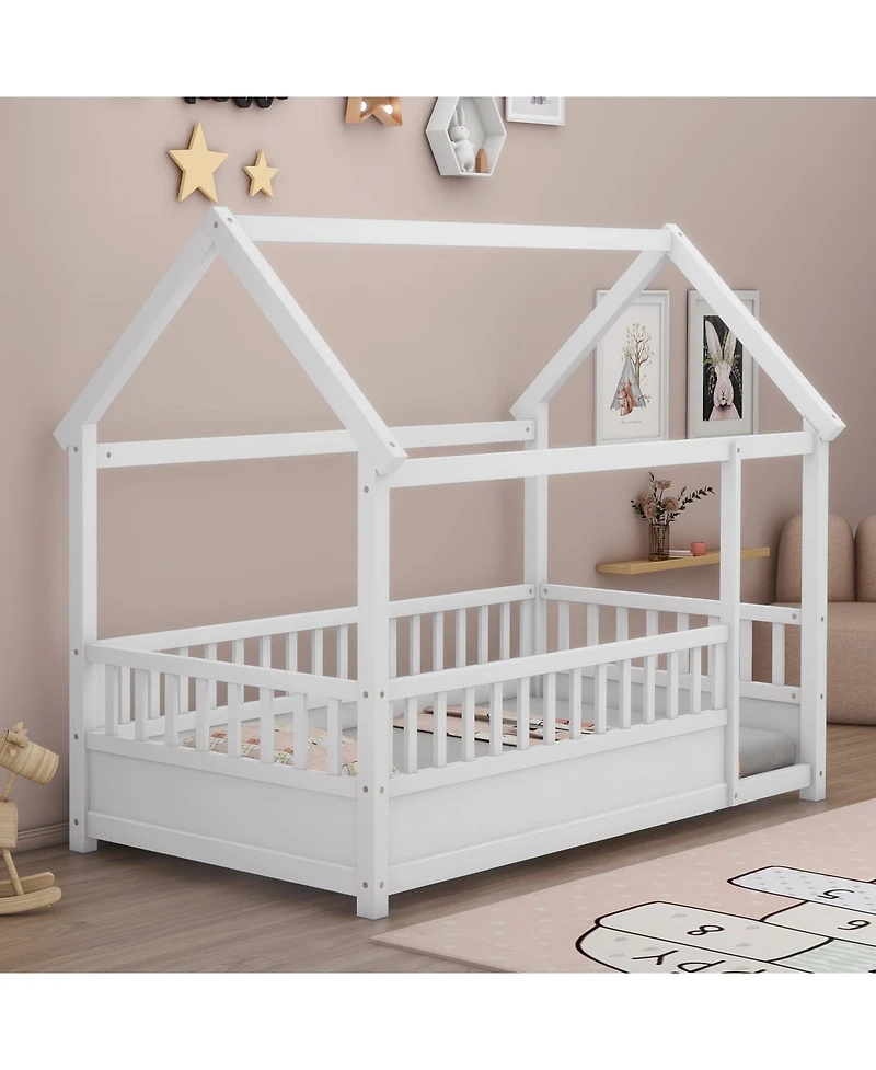 flynama Twin Size Wood Floor Bed House Roof Frame Fence Guardrails Pine Wood