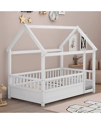 flynama Twin Size Wood Floor Bed House Roof Frame Fence Guardrails Pine Wood