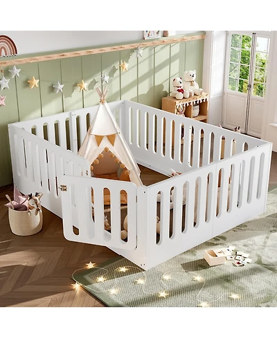 Rainsken Solid Wood Floor Bed, Sturdy Kids Bed Frame with Full Guardrails and Door, Low-Profile Design for Boys Girls, No Box Spring Needed