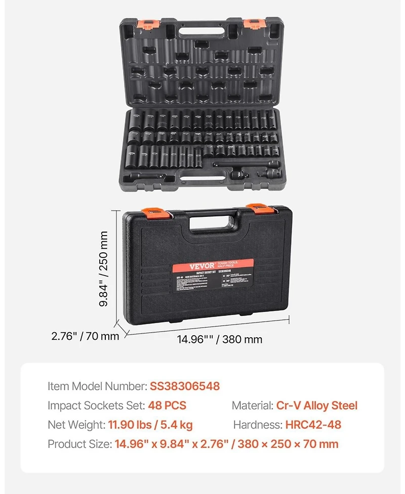 Xdovet Rive Impact Socket Set, 48 Piece Socket Set Sae and Metric 8-22mm 6 Point Cr-v Drive Extension Bar Universal Joint and Power Drill Adapter