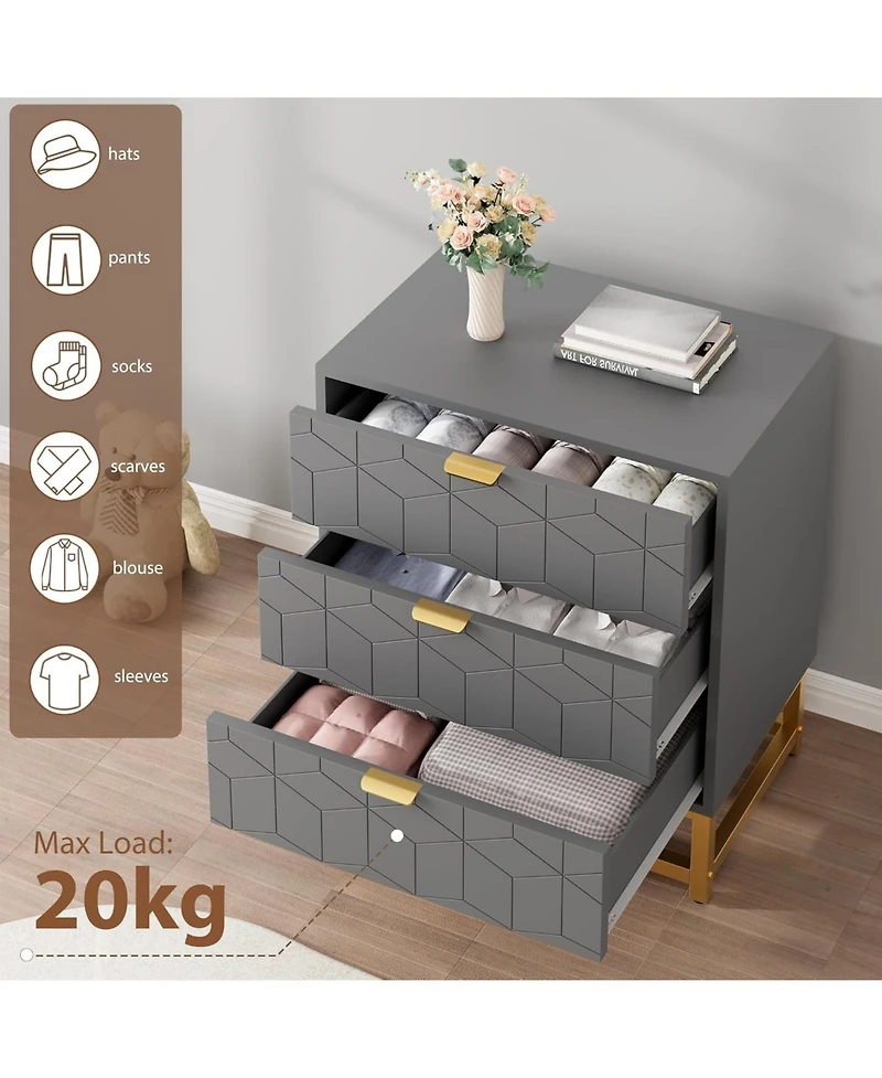 gaomon 3 Drawer Dresser, Wood Chest Drawers with Storage for Closet, Bedroom, Drawers Dresser Modern Bedside Nightstand with Gold Handles