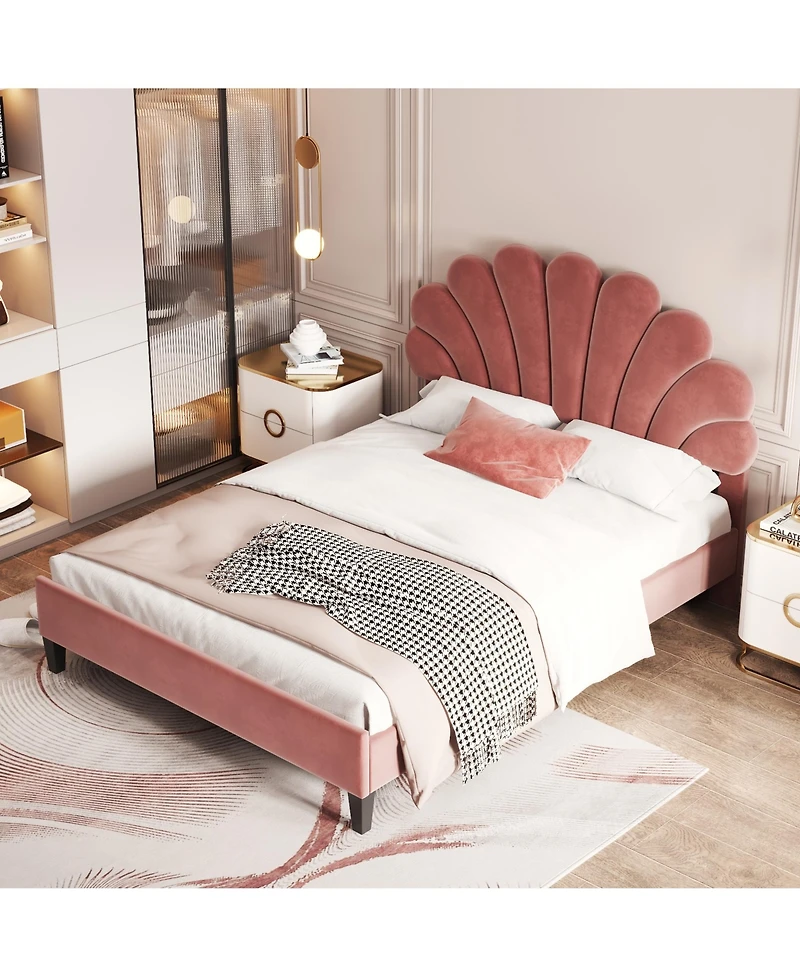 flynama Upholstered Platform Bed Flower Pattern Velvet Headboard Bean Paste Red No Box Spring Needed