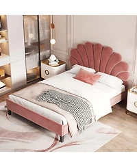 flynama Upholstered Platform Bed Flower Pattern Velvet Headboard Bean Paste Red No Box Spring Needed