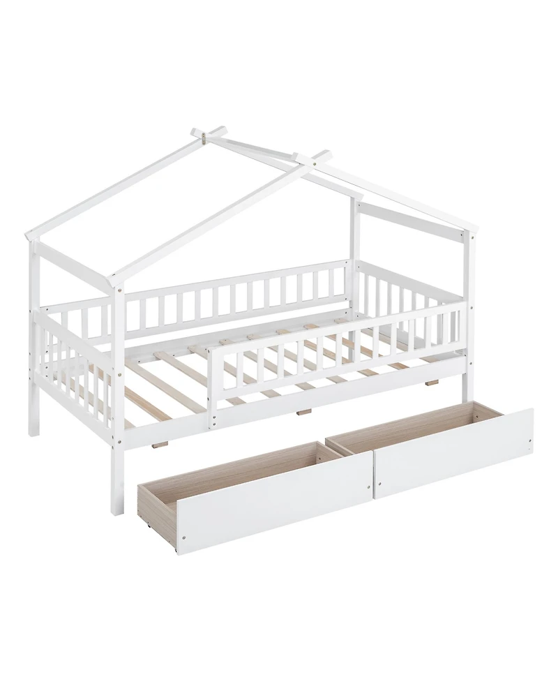 flynama Twin Size Wooden House Bed Two Drawers