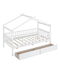 flynama Twin Size Wooden House Bed Two Drawers