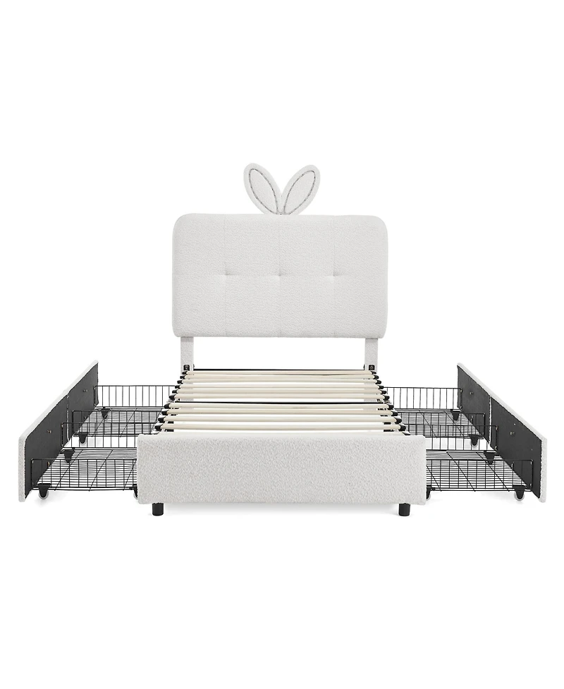 Rainsken Twin Size Upholstered Kids Platform Bed, Boucle Fabric Bed Frame with 4 Storage Drawers, Led Lighting and Rabbit Ear Headboard for Boys Girls