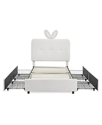 Rainsken Twin Size Upholstered Kids Platform Bed, Boucle Fabric Bed Frame with 4 Storage Drawers, Led Lighting and Rabbit Ear Headboard for Boys Girls