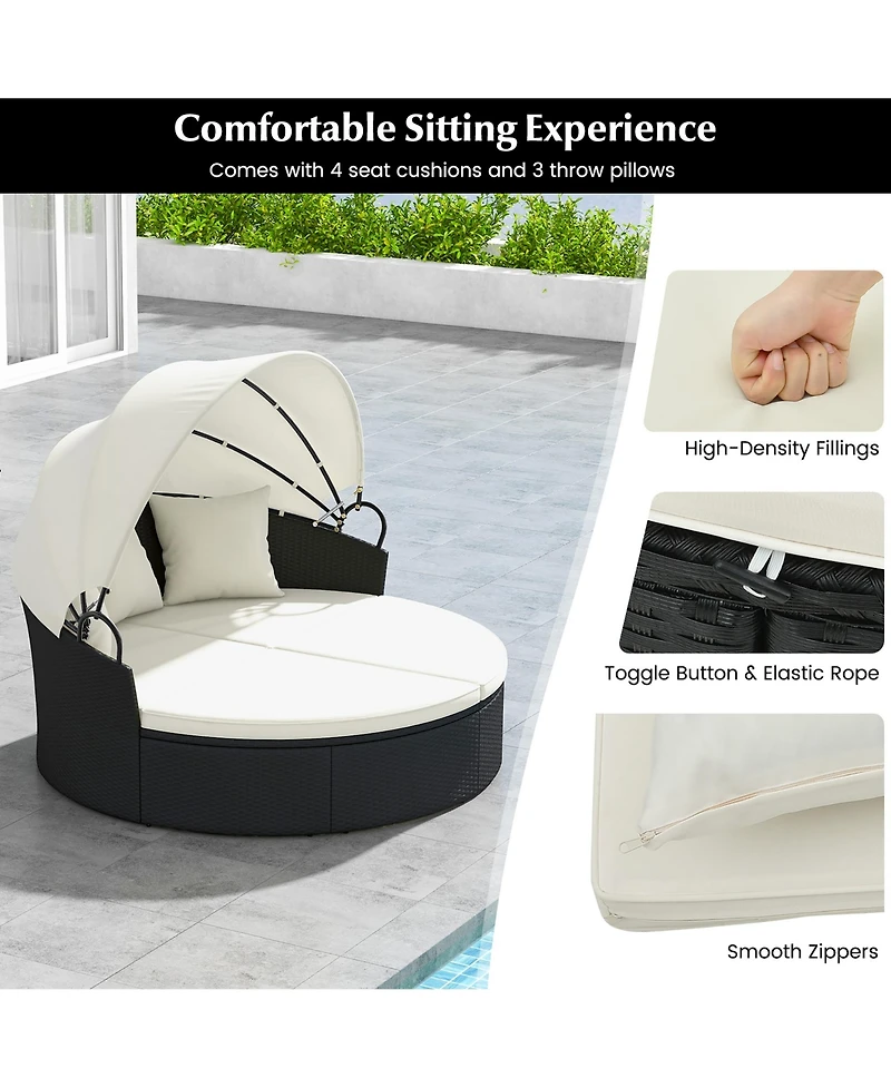 Gymax Patio Round Daybed Wicker Daybed w/ Retractable Canopy Separated Seating Sectional Sofa