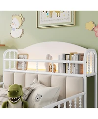 flynama Metal Platform Bed With Led Light Velvet Upholstered Headboard Storage