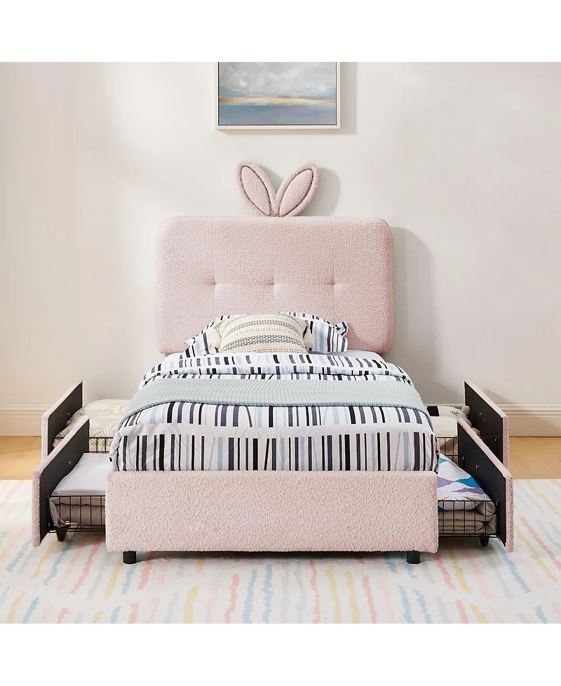 Rainsken Kids Upholstered Bed Frame, Boucle Platform Bed with 4 Storage Drawers, Led Light and Rabbit Ear Shaped Headboard for Boys Girls