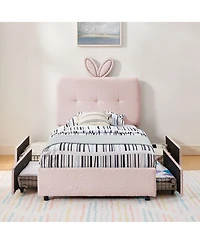Rainsken Kids Upholstered Bed Frame, Boucle Platform Bed with 4 Storage Drawers, Led Light and Rabbit Ear Shaped Headboard for Boys Girls