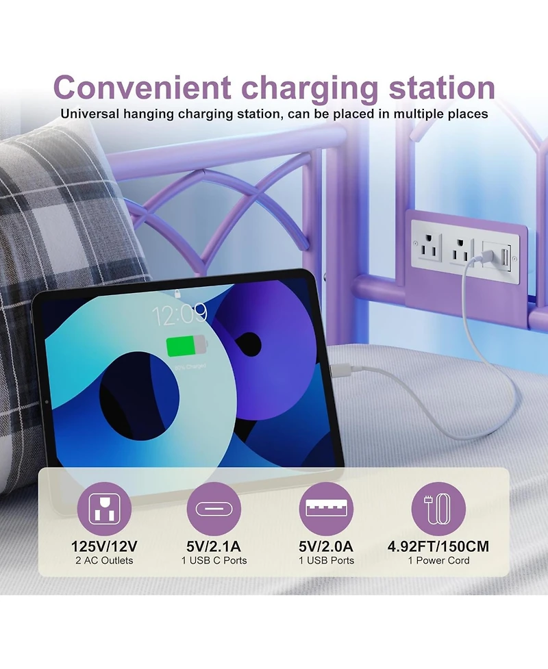 gaomon Twin Daybed with Trundle, Sofa Bed Frame with Charging Station & Led Lights, Heavy Duty Metal