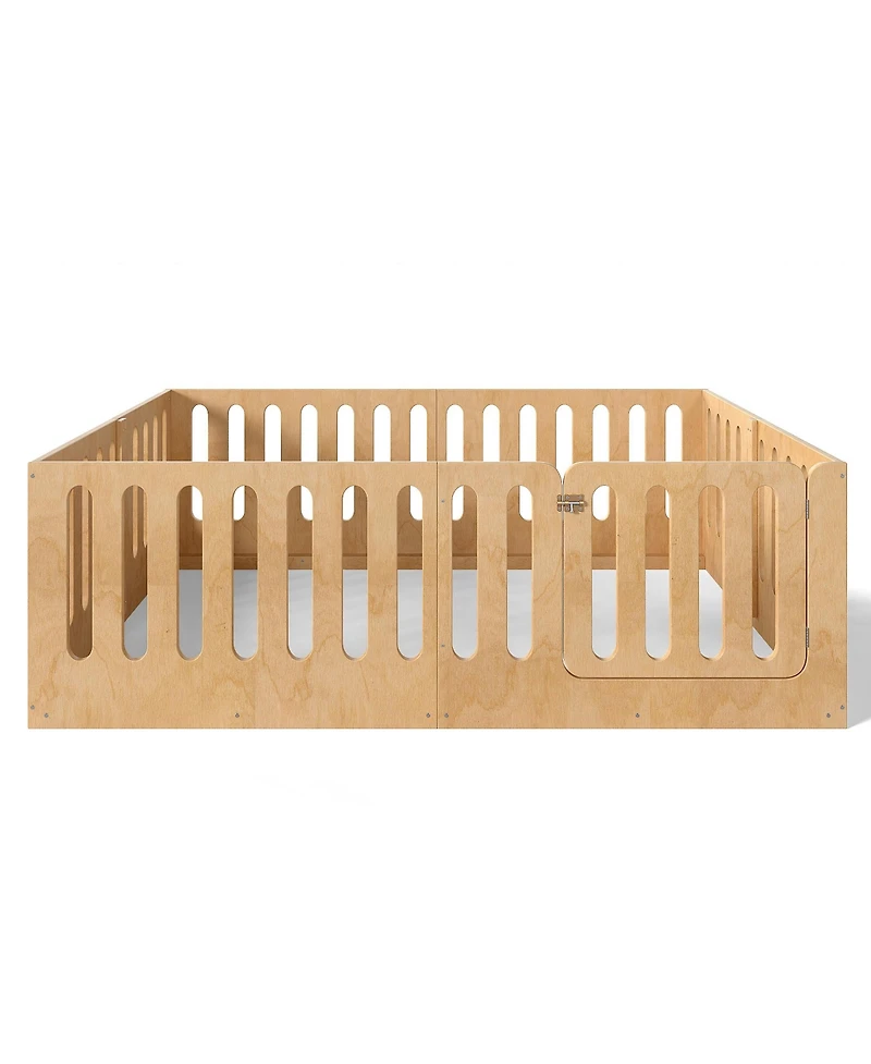 Rainsken Queen Size Kids Floor Bed, Solid Wood Bed Frame with High Side Fence and Door, Children's Sleep Bed for Boys Girls, No Box Spring Required