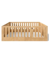 Rainsken Queen Size Kids Floor Bed, Solid Wood Bed Frame with High Side Fence and Door, Children's Sleep Bed for Boys Girls, No Box Spring Required