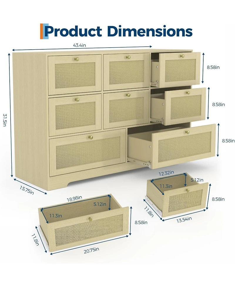 gaomon Rattan Dresser with 6 Drawers, Modern Boho Wooden Dresser for Bedroom Storage, Wicker Chest of Drawers with Metal Handles and Solid Wood Legs