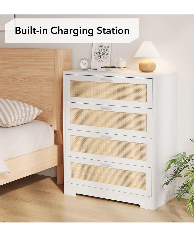 gaomon 4 Drawer Dresser for Bedroom, Rattan Chest of Dressers, Modern Wood Tall with Power Outlets