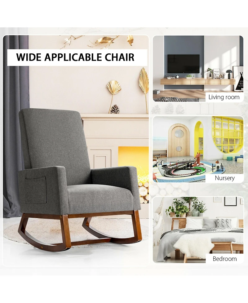 Gymax Rocking Chair High Back Upholstered Lounge Armchair w/ Side Pocket