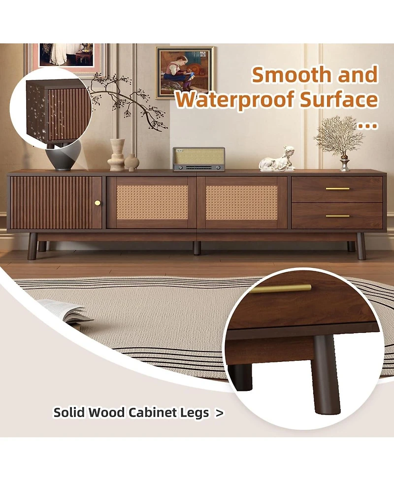 Maison Boucle Mid Century Tv Stand 70'' Media Console Cabinet Rattan Sliding Doors