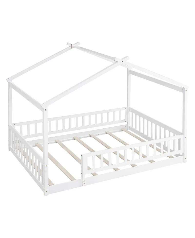 flynama Full Size Wood House Bed Fence