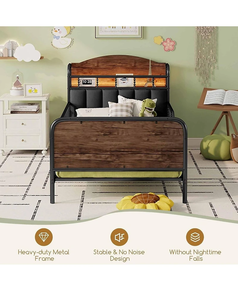 Rainsken Twin Size Metal Platform Bed with Led Light, Upholstered Storage Headboard and Low Profile Design for Kids Boys Girls