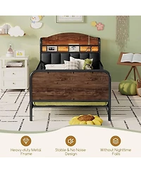 Rainsken Twin Size Metal Platform Bed with Led Light, Upholstered Storage Headboard and Low Profile Design for Kids Boys Girls