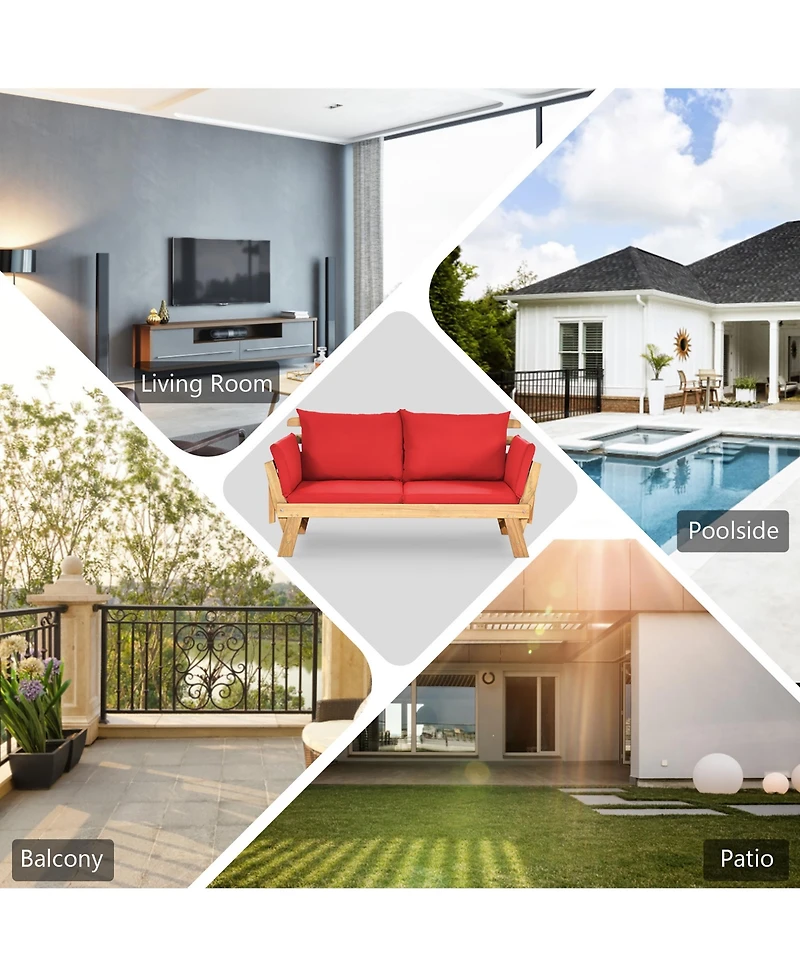 Gymax Adjustable Patio Sofa Daybed Acacia Wood Furniture w/ Cushions