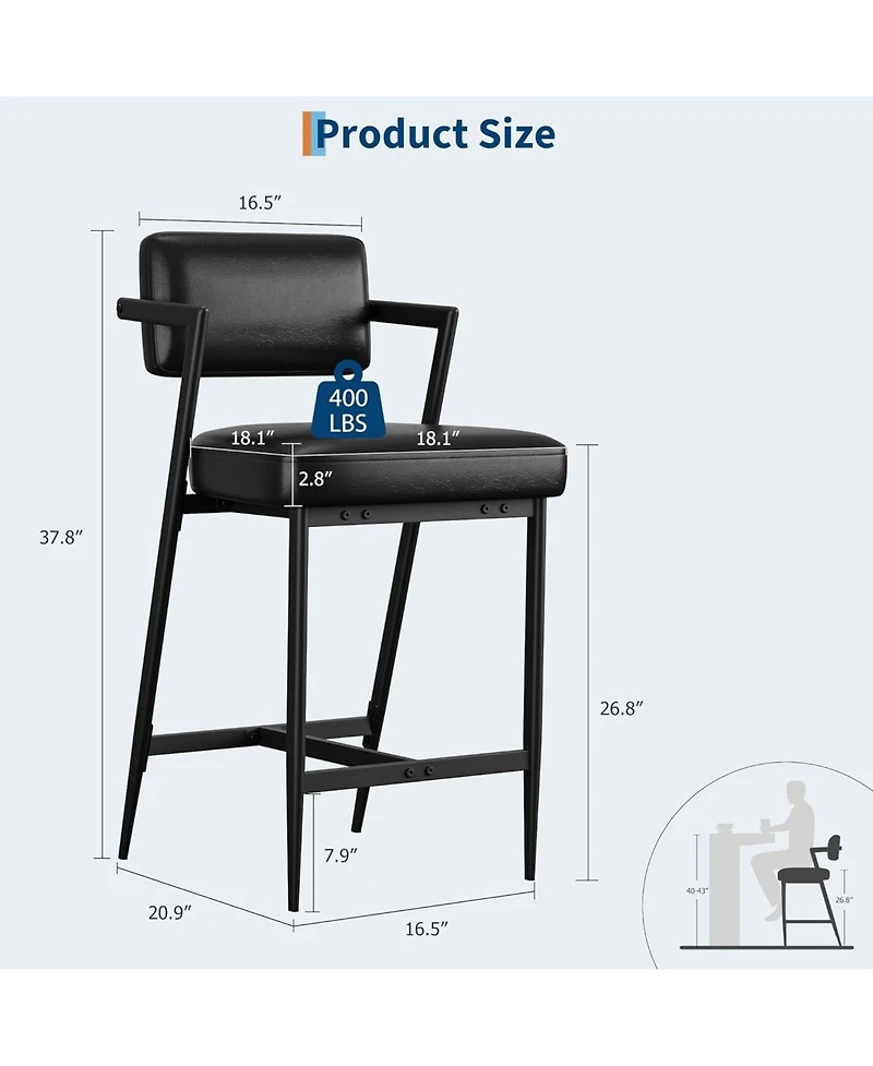 gaomon Bar Stools Set of 2 w/Backrest,27" Counter Height Stool with Armrest and Footrest,Tall Chairs Thick Cushion Thickened Metal
