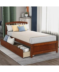 flynama Twin Size Wood Platform Storage Bed with Two Drawers Headboard and Reinforced Slats
