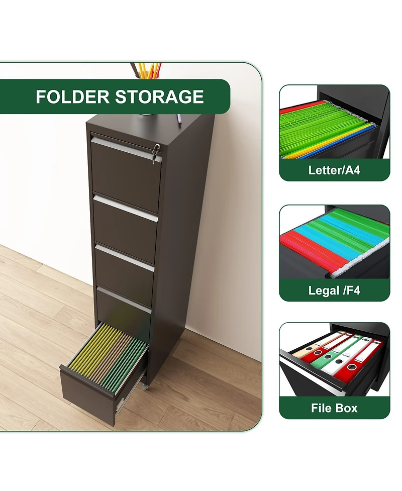 Rainsken 5 drawer metal locking file cabinet with wheels for home office, heavy duty storage for letter, legal, and A4 files.