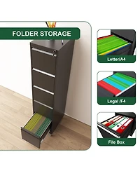 Rainsken 5 drawer metal locking file cabinet with wheels for home office, heavy duty storage for letter, legal, and A4 files.