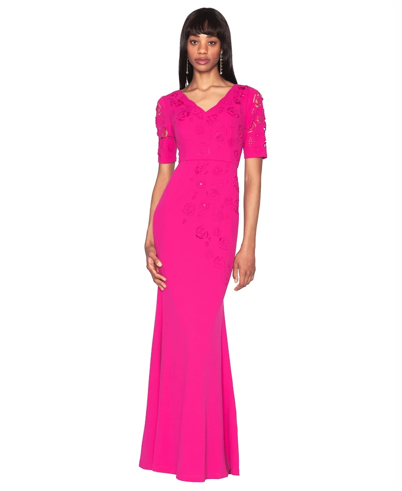 White Tie by Shani Short-Sleeve V-Neck Laser Cut Gown
