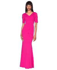 White Tie by Shani Short-Sleeve V-Neck Laser Cut Gown